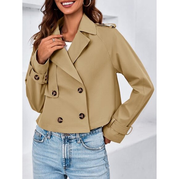 Womens Khaki Cropped Trench Coat Lapel Double Breasted Short Jacket Outwear - Picture 4 of 5
